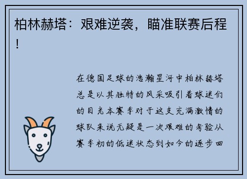 柏林赫塔：艰难逆袭，瞄准联赛后程！