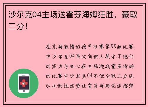 沙尔克04主场送霍芬海姆狂胜，豪取三分！