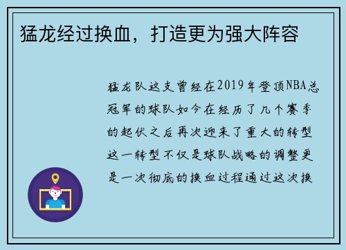 猛龙经过换血，打造更为强大阵容